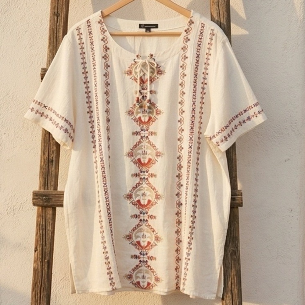 INC International Concepts Womens XL Embroidered Southwestern Top Ivory Boho